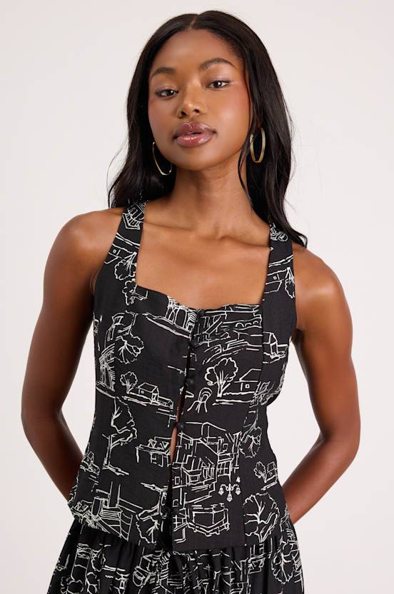 Lulus Ravia Black Print Button-Front Tank Top