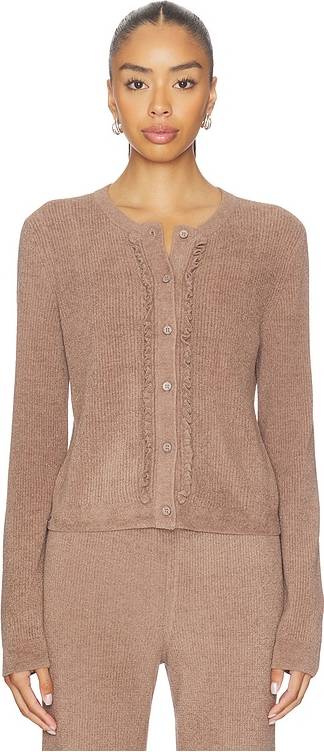 CozyChic Ultra Lite Pointelle Rib Ruffle Cardigan - Brown