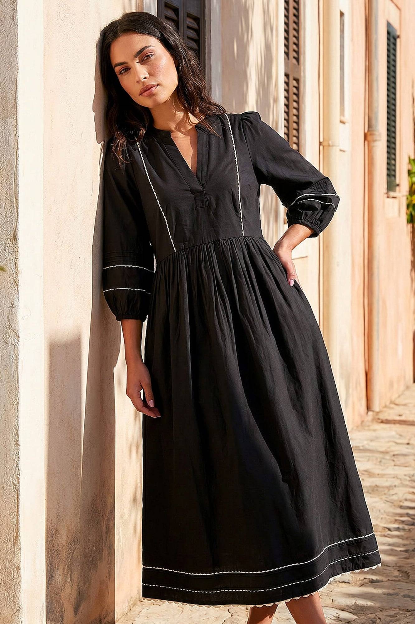 Roman Ric Rac Collared Midi Dress - Black