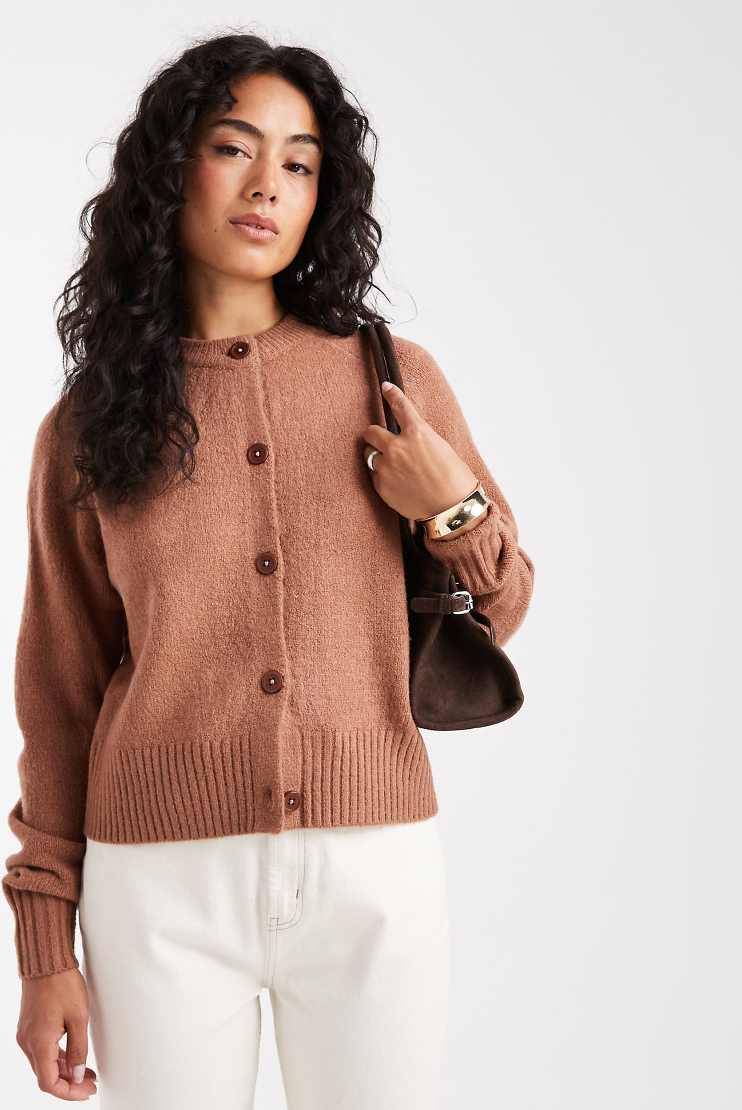 Threadbare Crew Neck Button Up Cardigan Mocha Mousse - Neutral