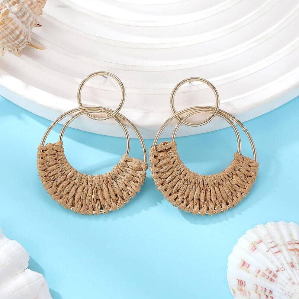Maxpower Rattan Weave Boho Summer Raffia Hoop Dangle Earrings - Brown