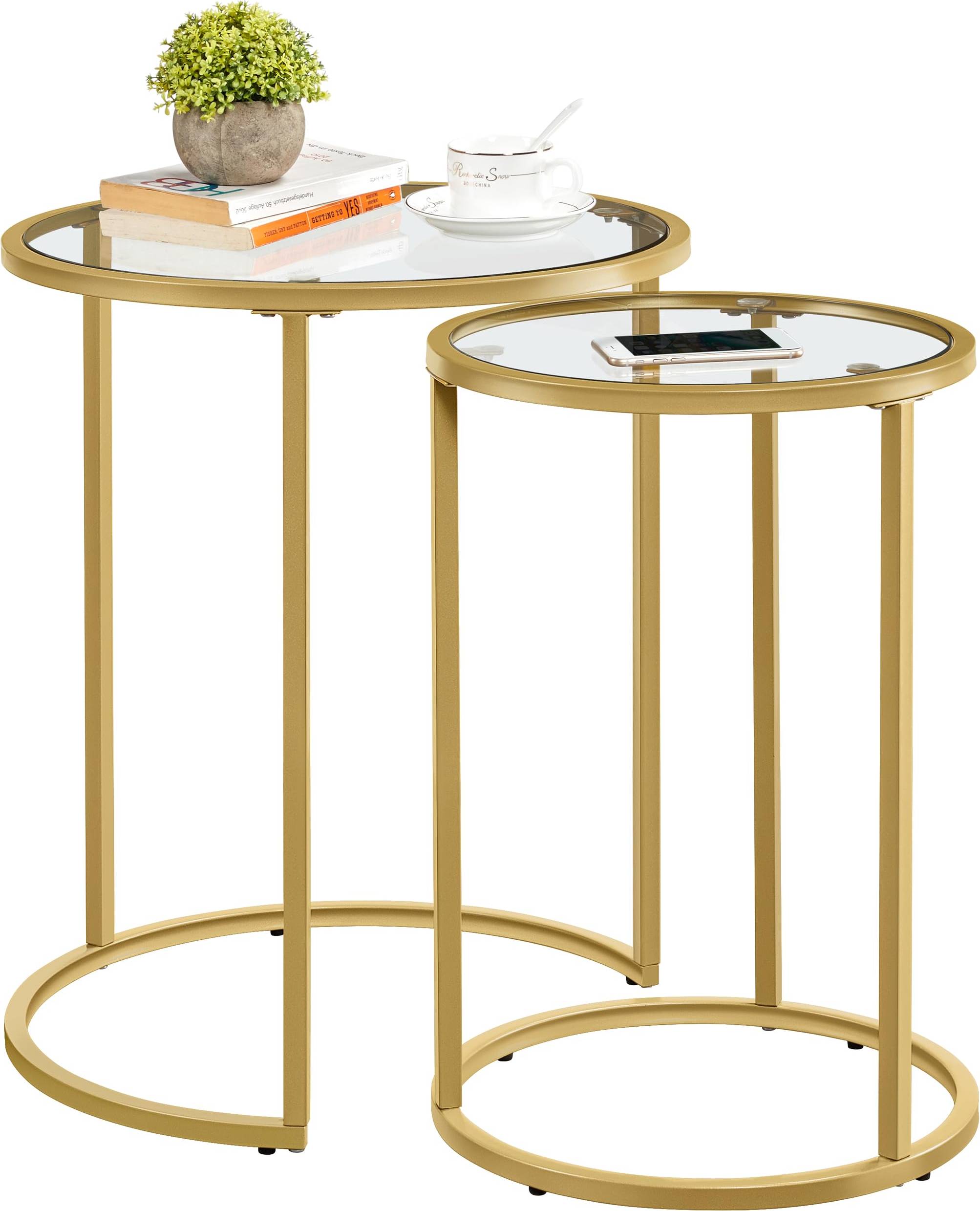 Yaheetech Glass Nesting Tables Set 2 Mustard Gold Nesting Table 2pcs