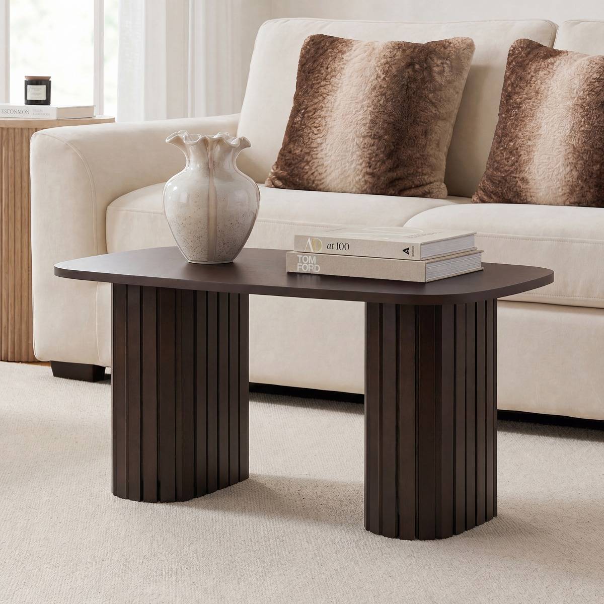 OHS Madison Ribbed Long Coffee Table Brown Coffee Table