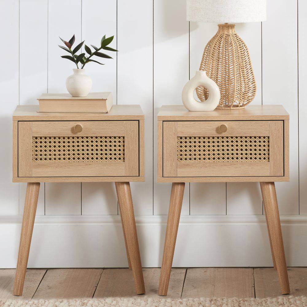 Birlea Croxley Oak Single Drawer Rattan Bedside Table Set 2 Bedside Table 2pcs