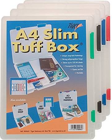 A4 paper storage Tiger 4 x A4 Slim Rigid Strong Transparent Tuff Storage Document Paper Filing Box File