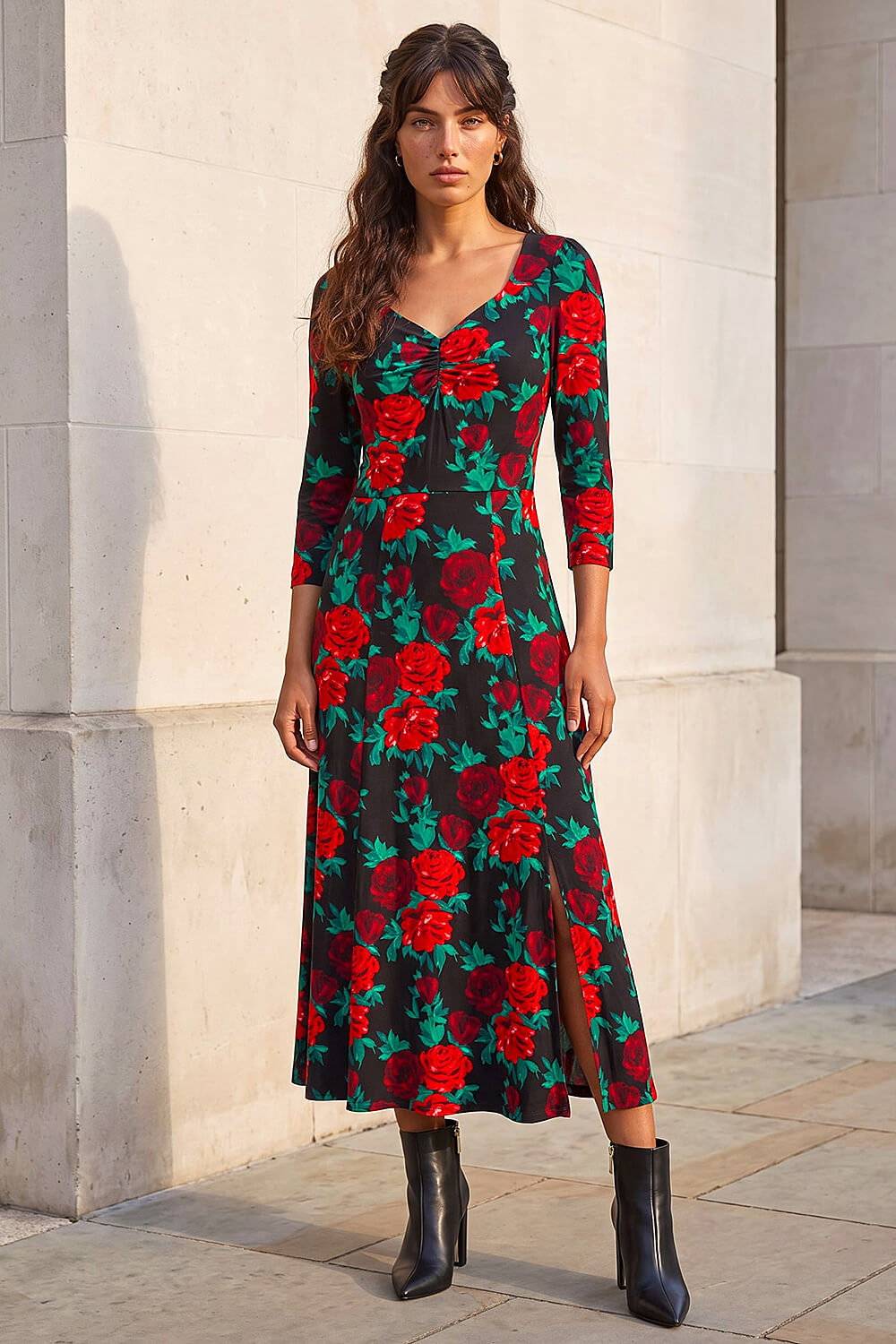Roman Rose Ruched Midi Dress - Multicolor