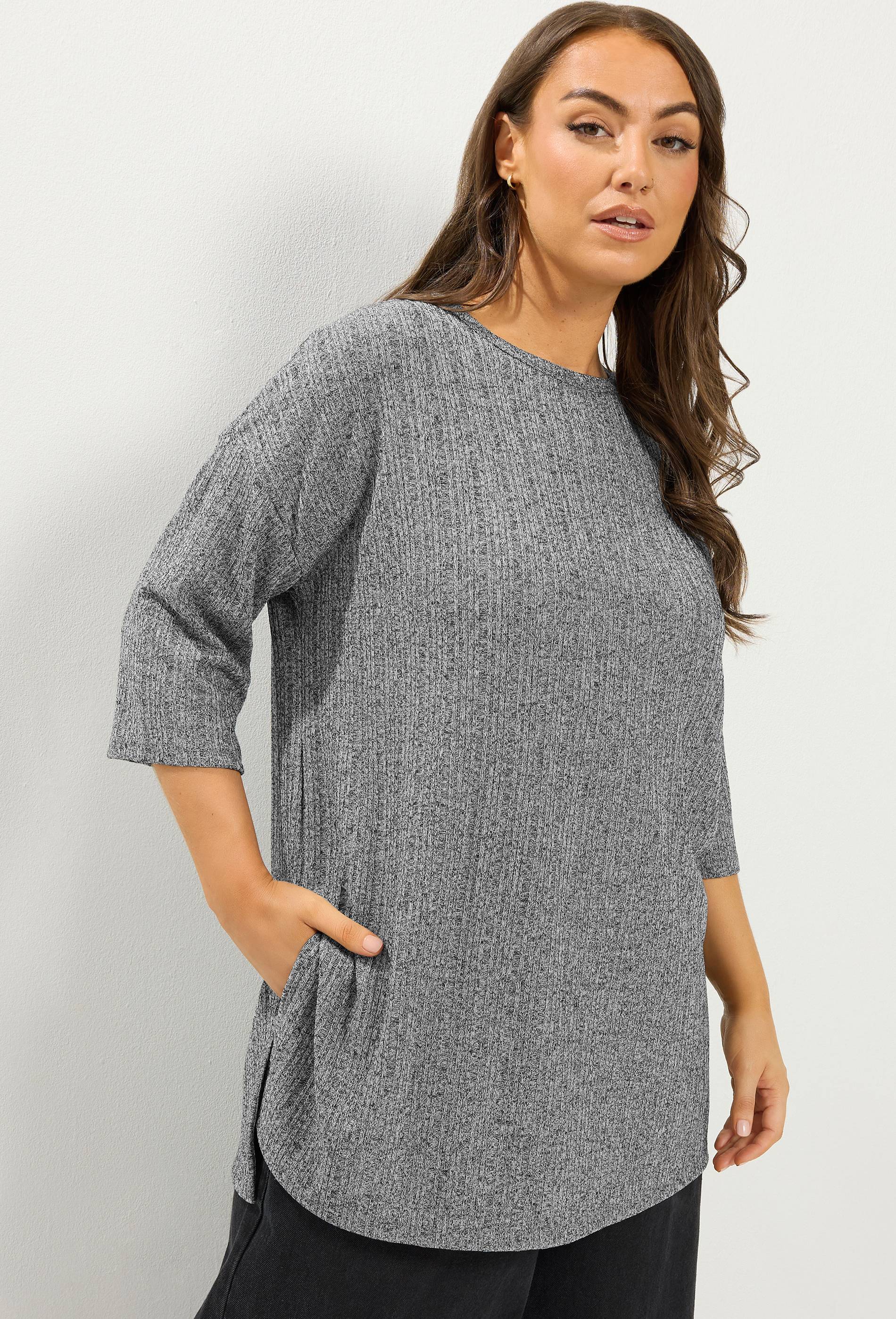 Yours Ribbed Drop Sleeve Top Grey
