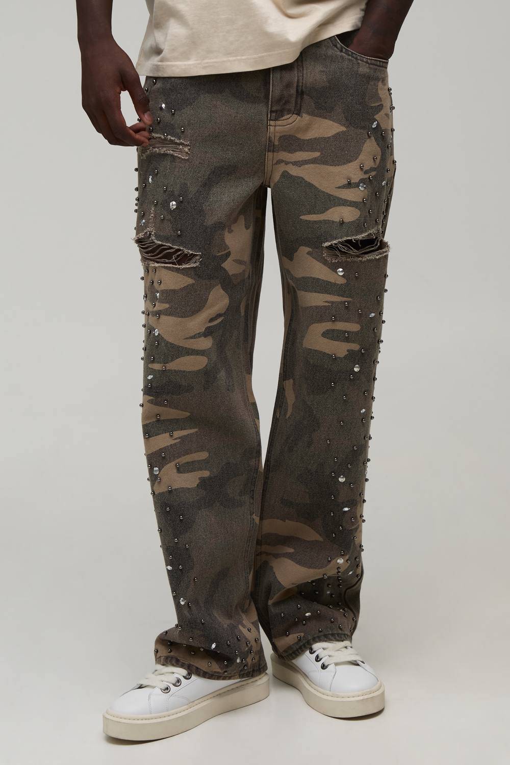 boohooMAN Relaxed Rhinestone Embellished Ripped Jeans