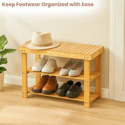B&Q Bamboo 2 Tier Shoe Rack Bench Storage Stand Shoe Rack