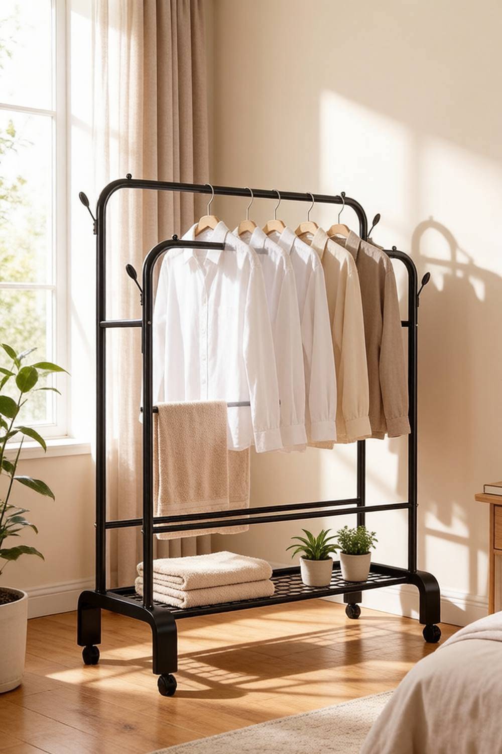 Garden Sanctuary Double-Rod Clothes Rack With Wheels Clothes Rack