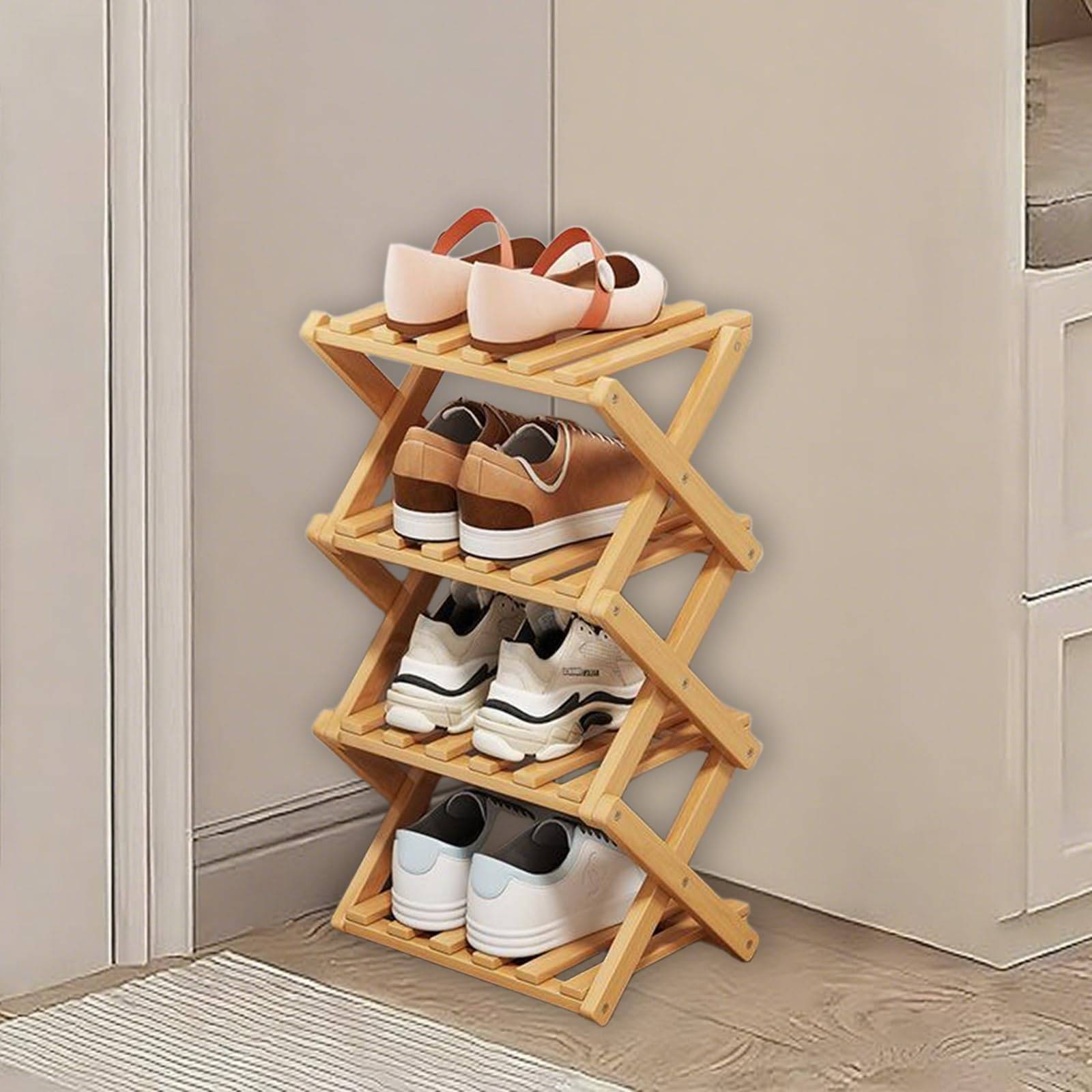 KISS ME 4-Tier Foldable Bamboo Shoe Rack Shoe Rack