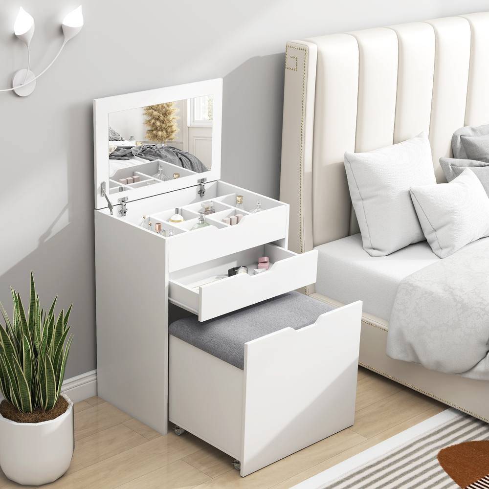 Homcom Dressing Table Set Flip Up Mirror Stool Drawer Dressing Table 2pcs