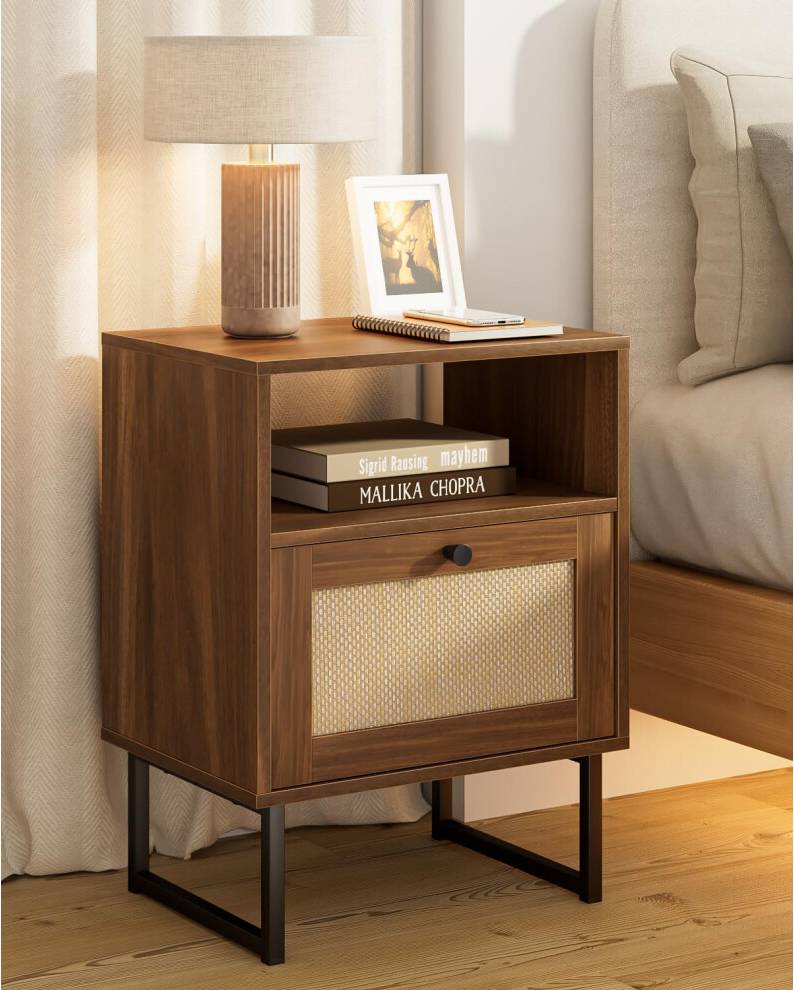 HEYZOEY Rattan Bedside Table With Storage Drawer Bedside Table