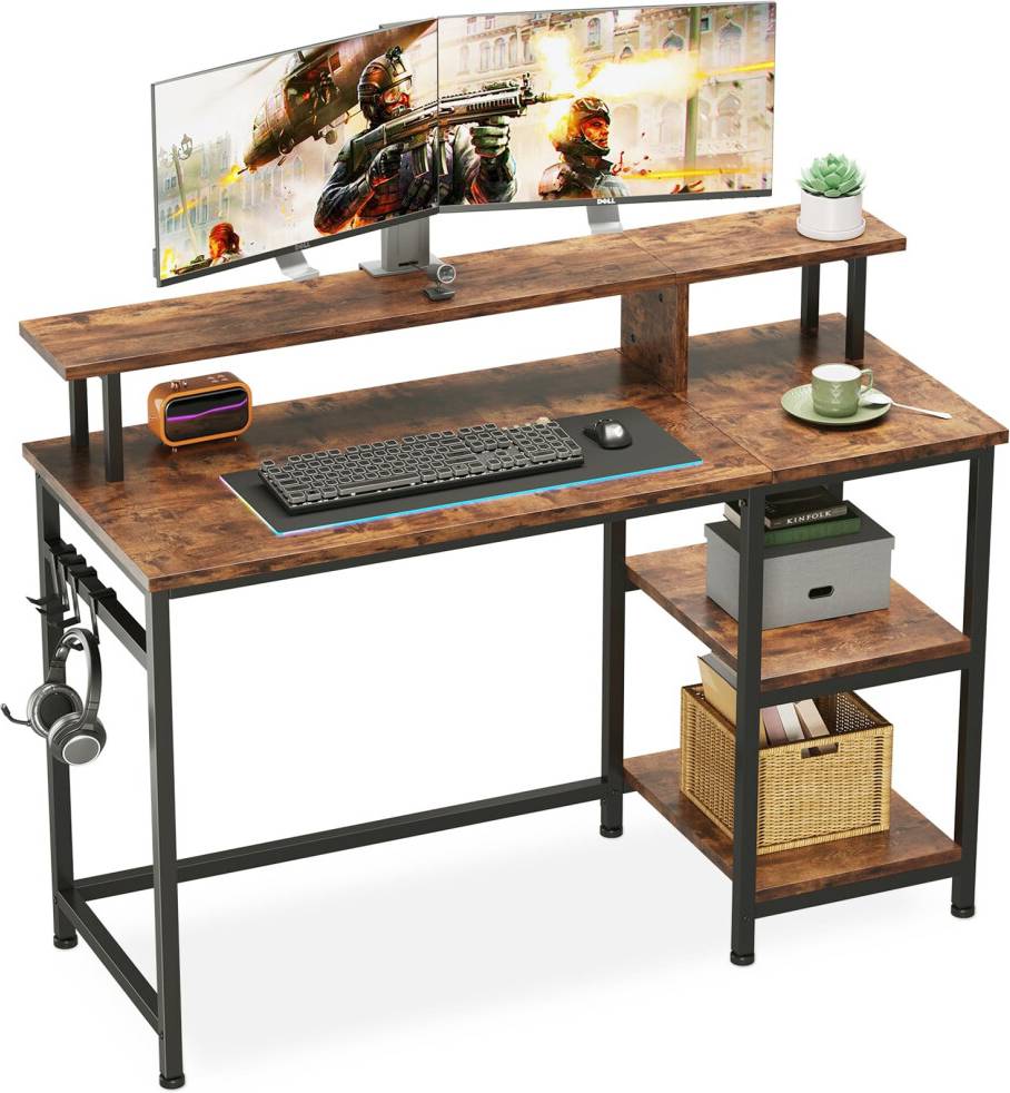 Dripex Rustic Brown Work Writing Desk With Monitor Stand Writing Desk