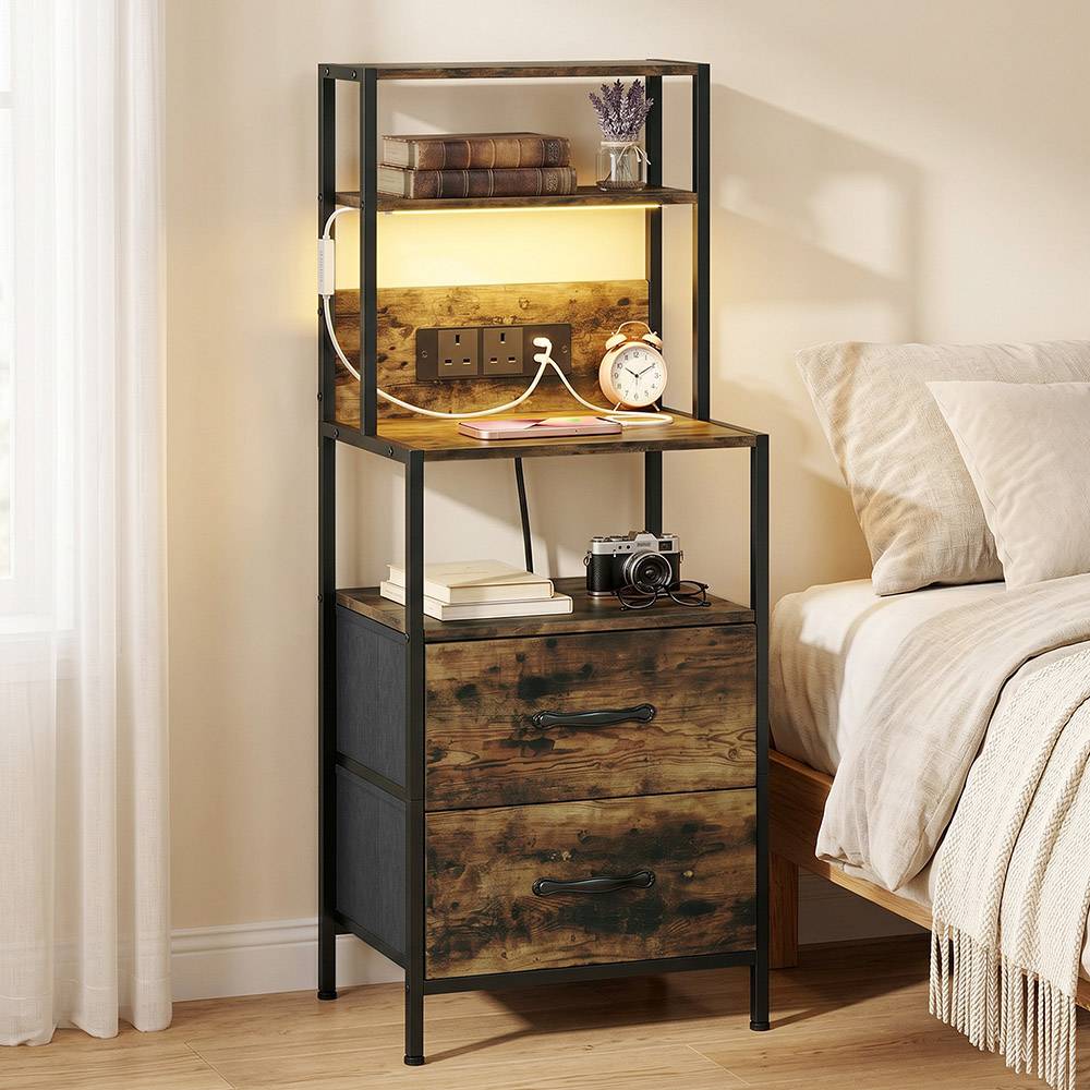 Homcom Rustic Brown Bedside Table with Charging Station Bedside Table
