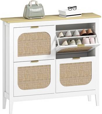 Homcom Boho Slim Shoe Cabinet With Rattan Doors Shoe Rack 20pcs