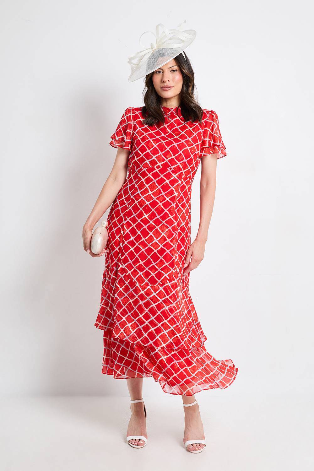 Wallis Check Burn Out Ruffle Midi Dress - Red