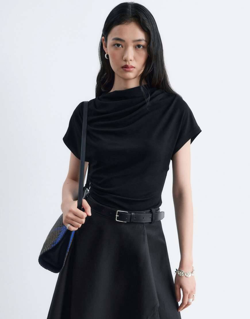 High Neck Draped Ruched Top Black