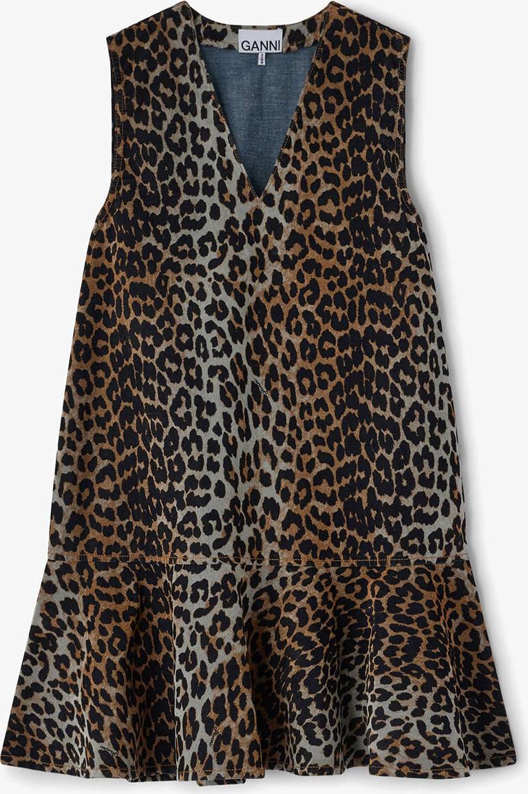 Ganni Ruffled Leopard Print Flocked Denim Mini Dress - Multi/Patterned