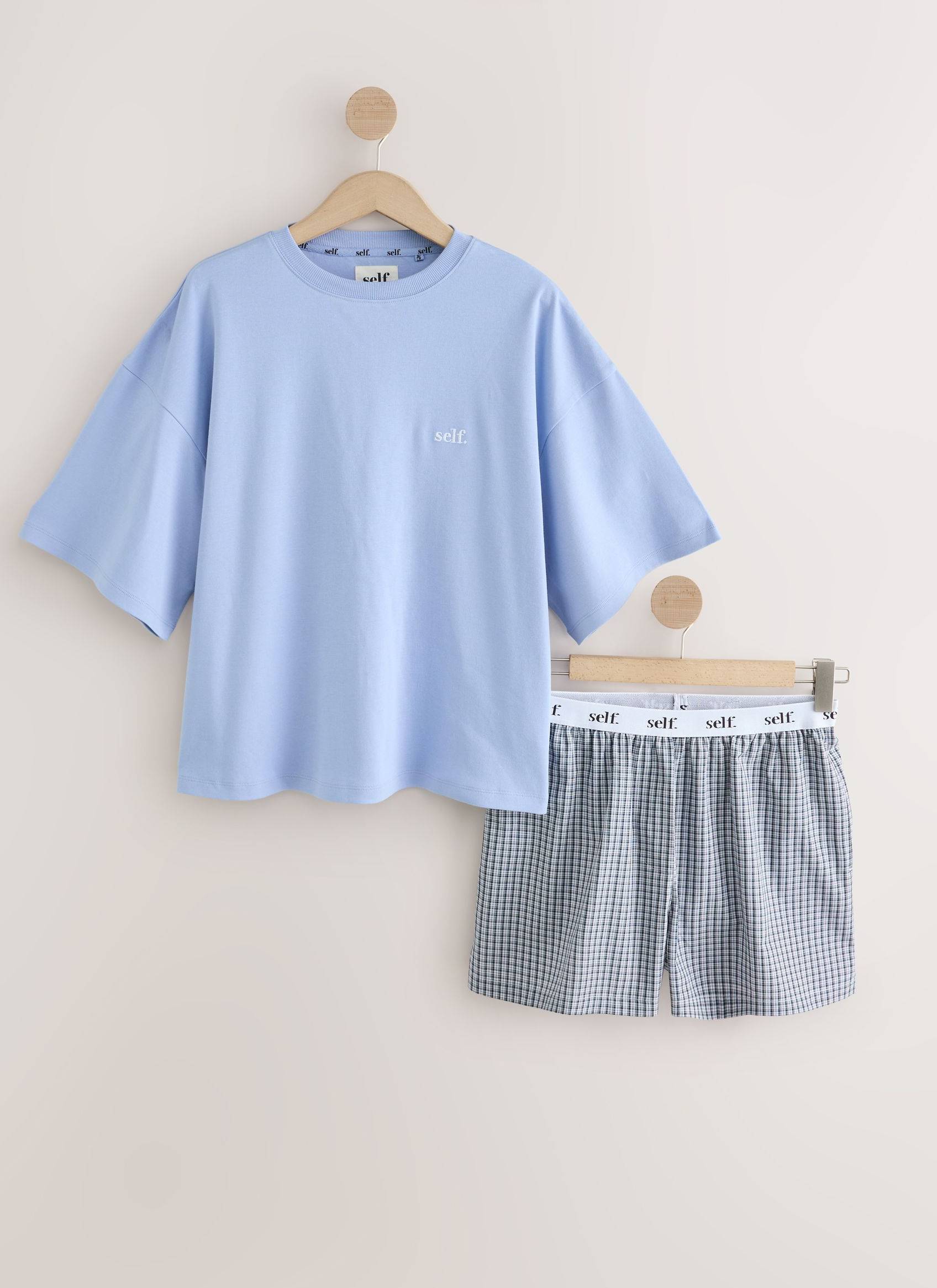 Self Blue Check Slogan Pyjamas Shorts Set