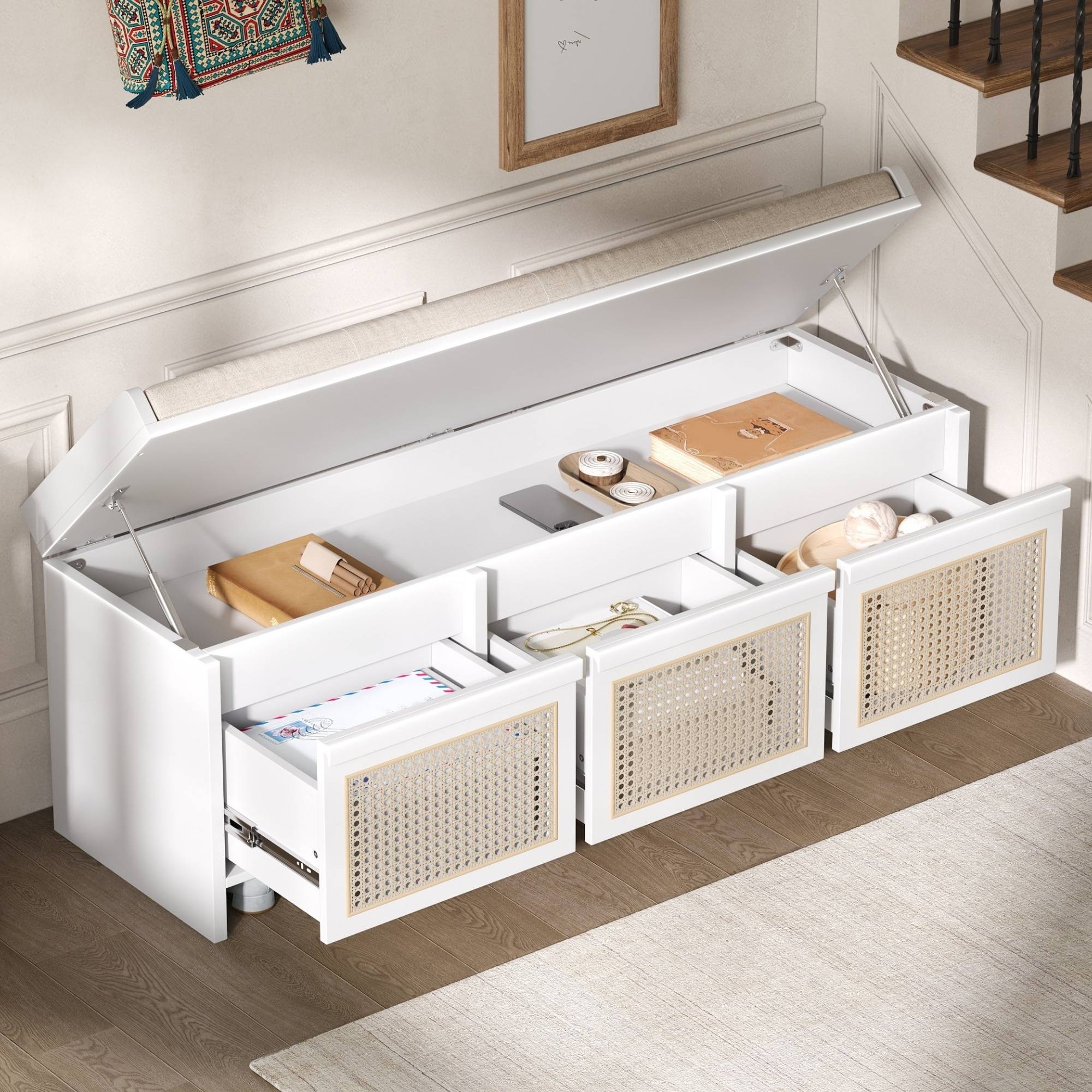 Shoe bench Cusp Barn 48 Entryway Shoe Bench with Rattan Drawers Storage Bench