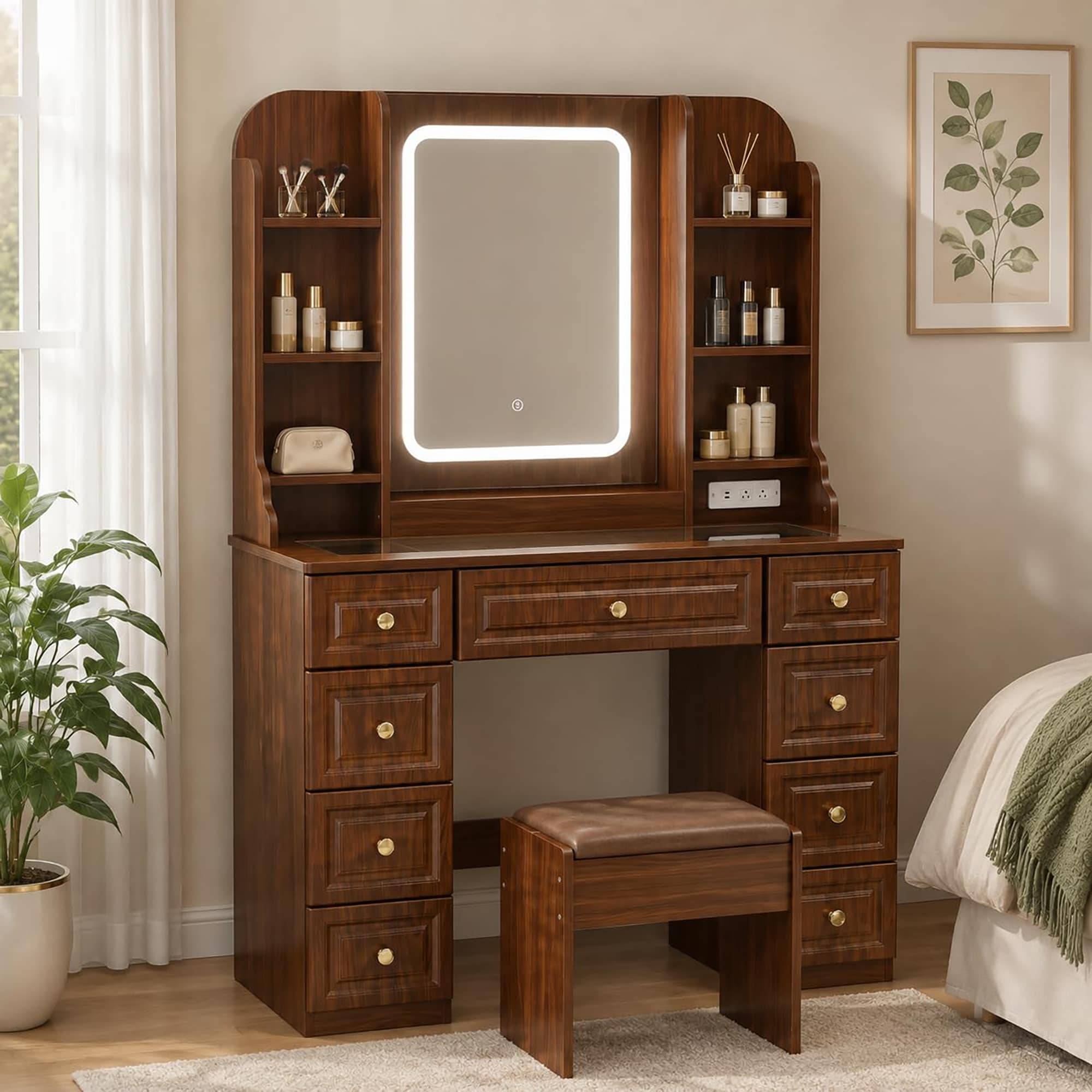 Makeup vanity stool Garvee Walnut Makeup Vanity With LED Mirror Padded Stool Dressing Table