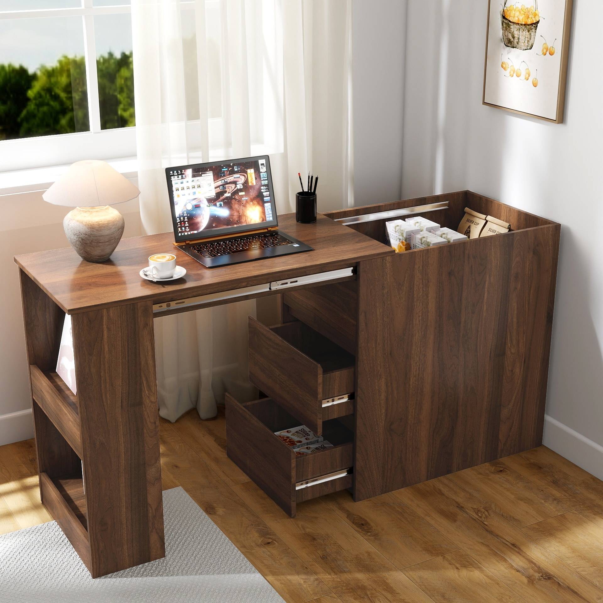 Corner desk with drawer GDFSTUDIO Miles Modern Extendable Corner Writing Desk Writing Desk