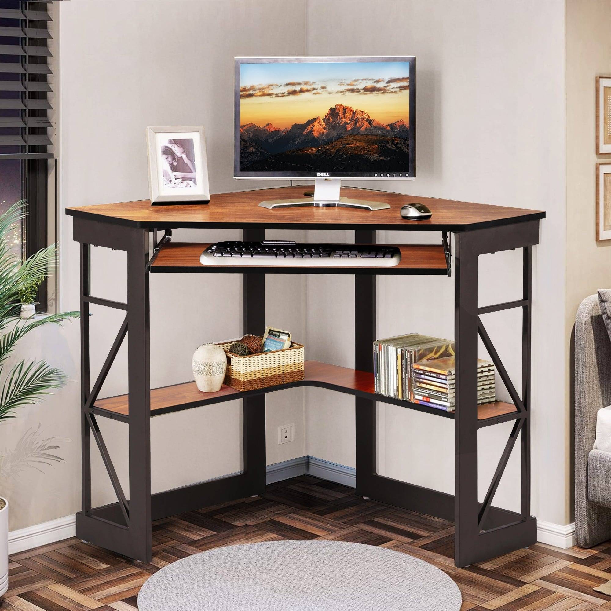 Corner desk Vecelo Triangular Corner Desk with Keyboard Tray Writing Desk