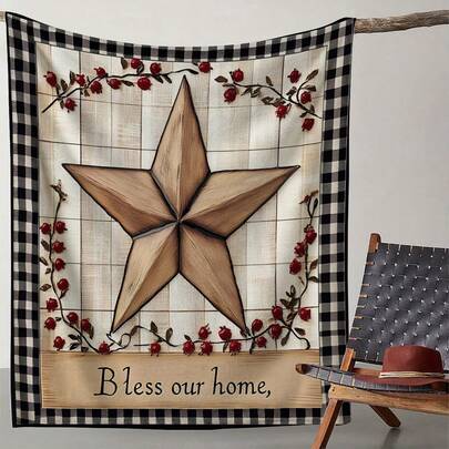 Shein Rural Style Rustic Barns Stars Flannel Blankets Blankets Multicolor