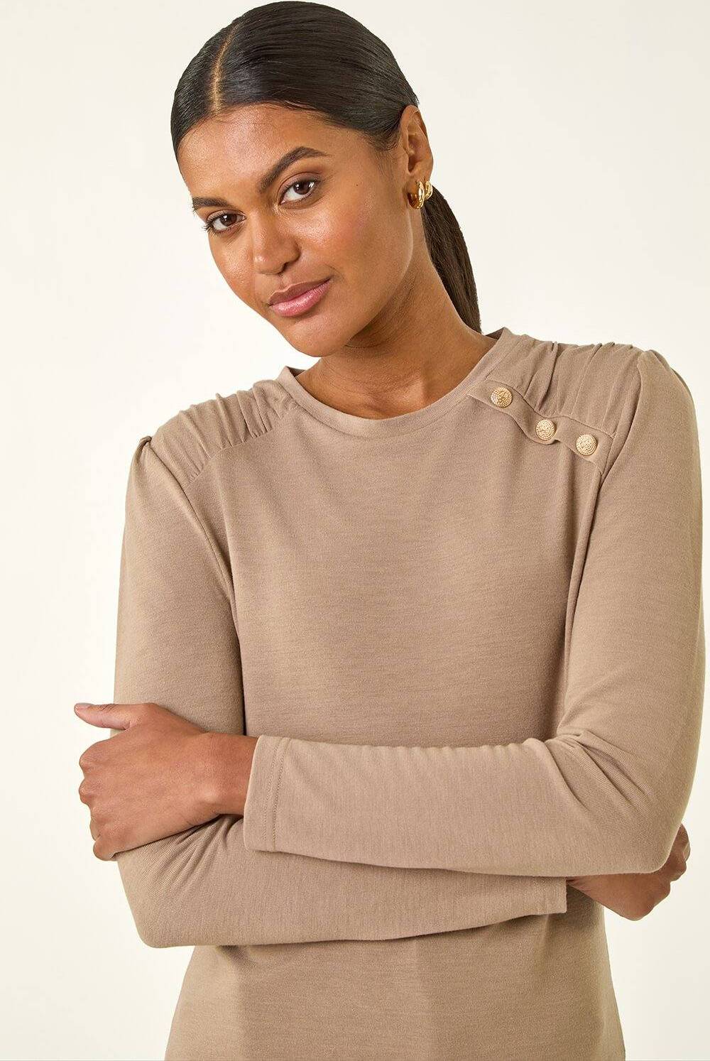 Roman Ruched Button Stretch Top - Beige