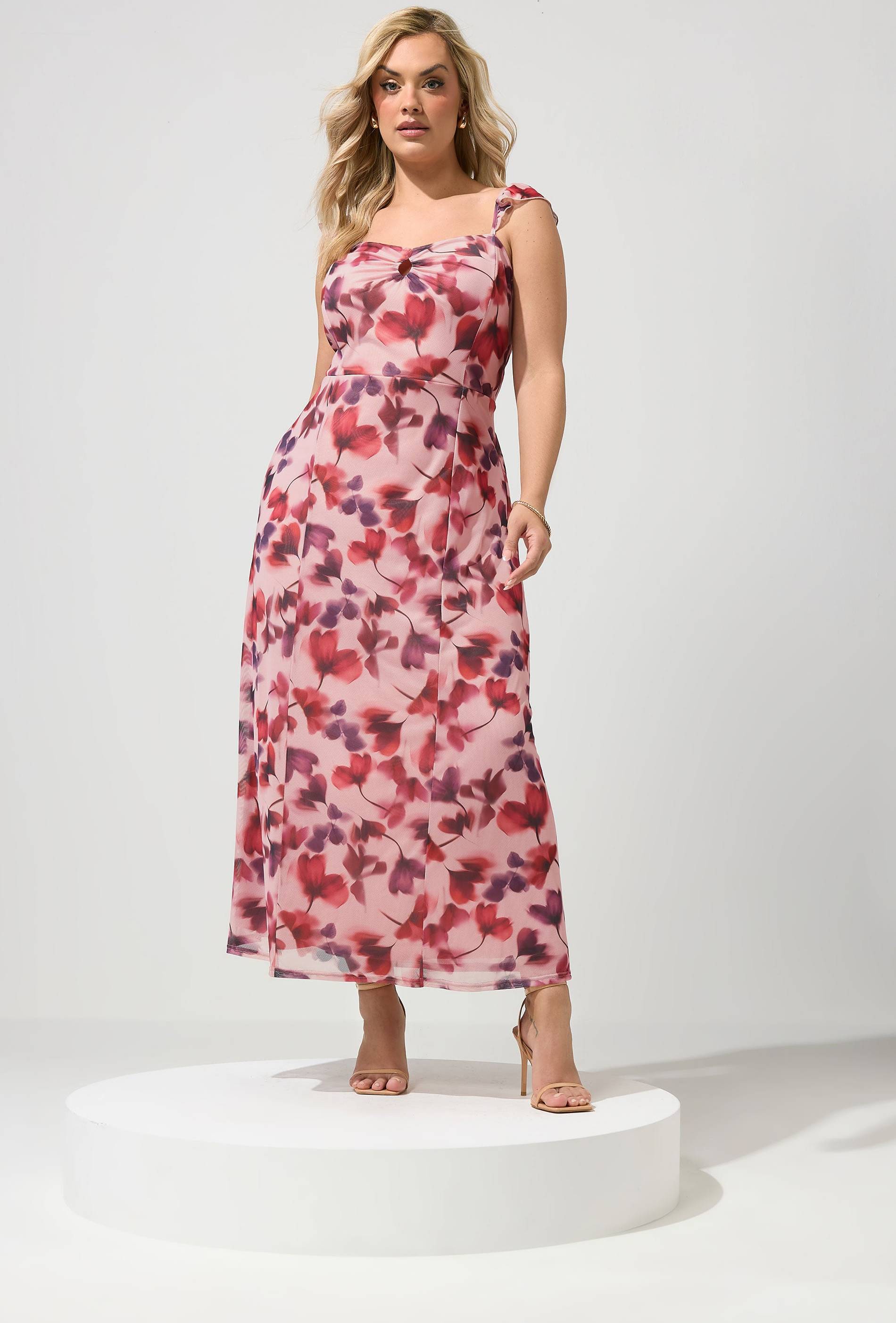 Yours Floral Keyhole Ruffle Maxi Dress - Pink