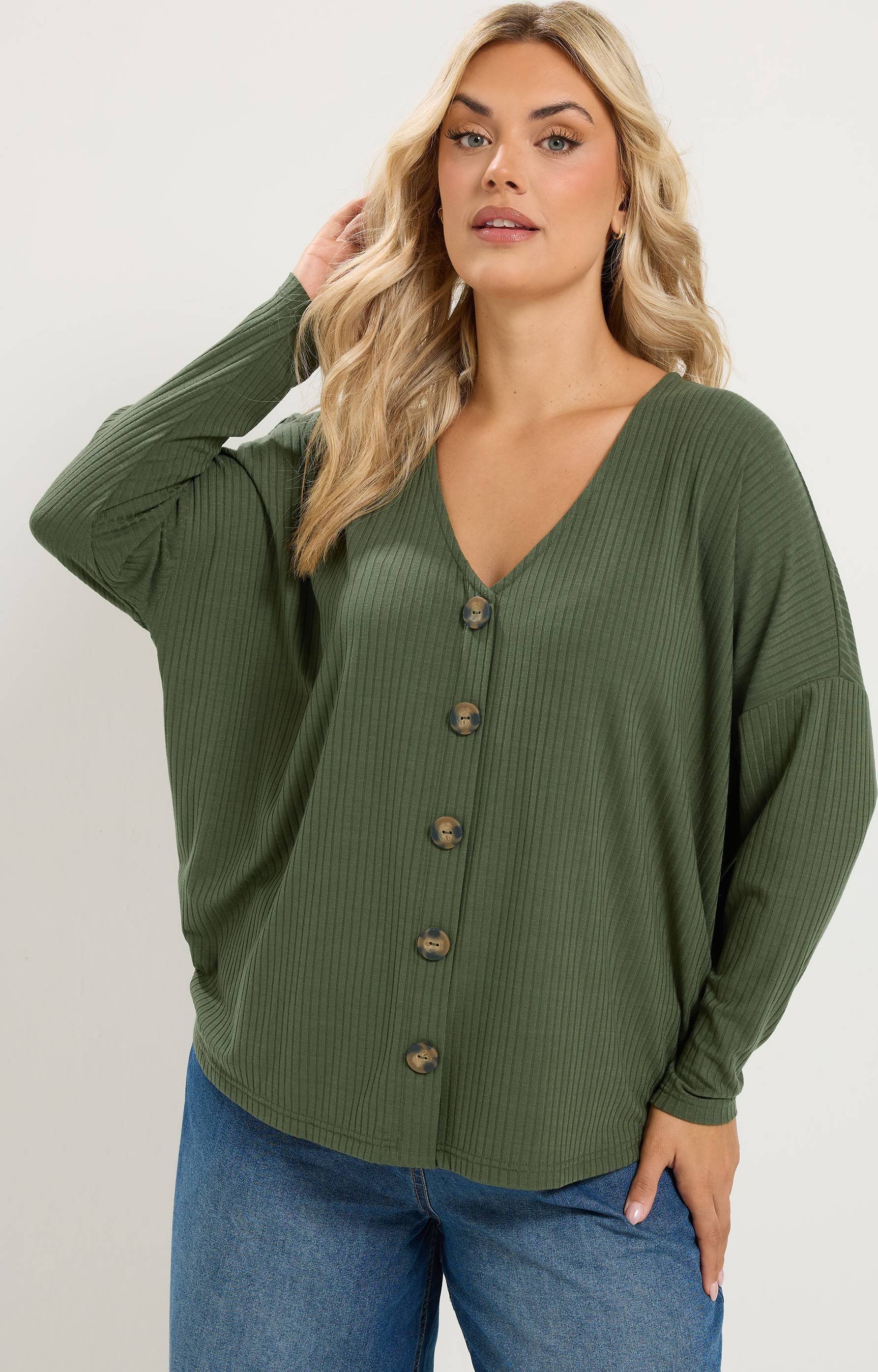 Yours Ribbed Button Details Top - Light Khaki