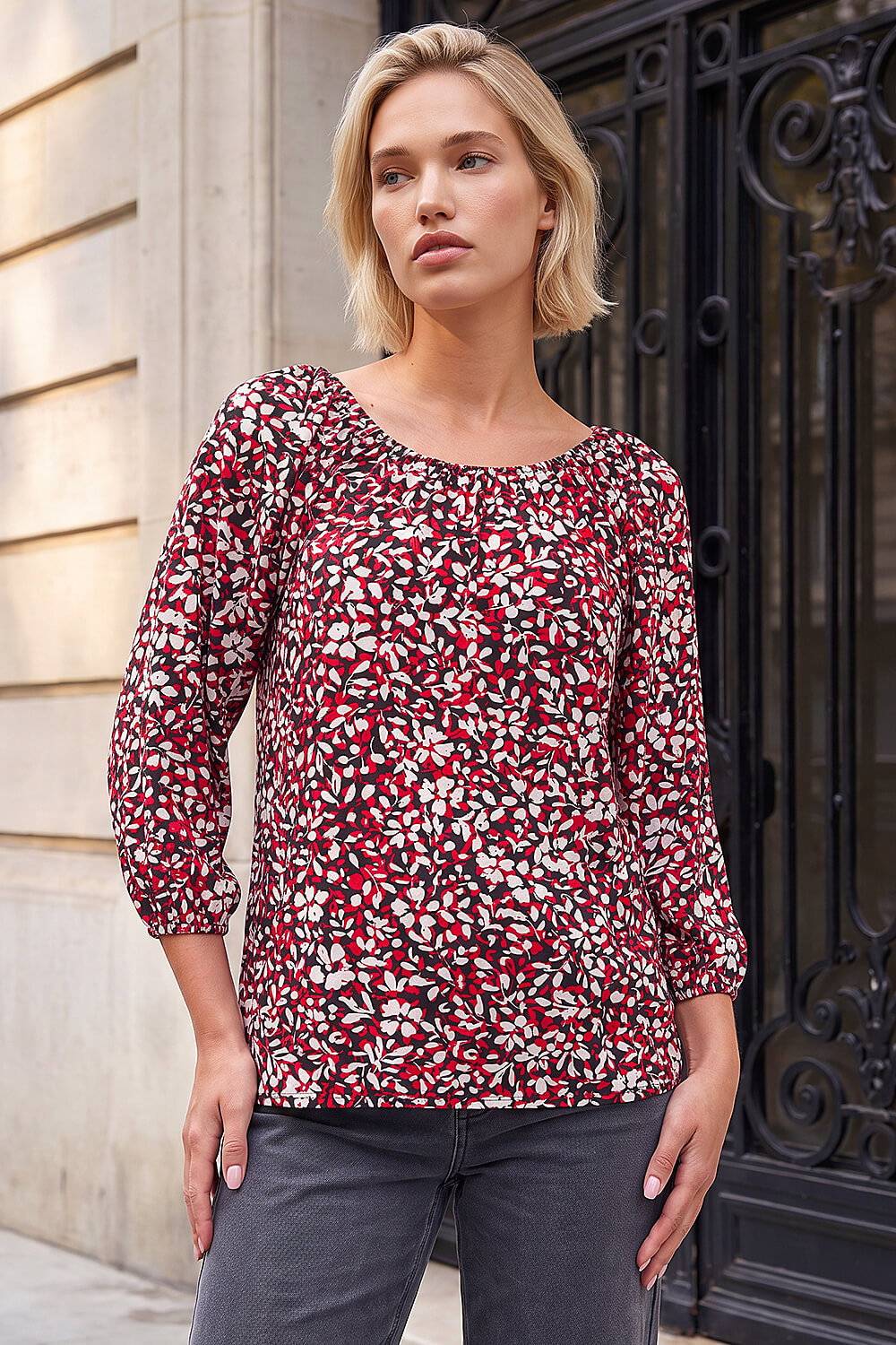 Roman Floral Raglan Sleeve Top - Red
