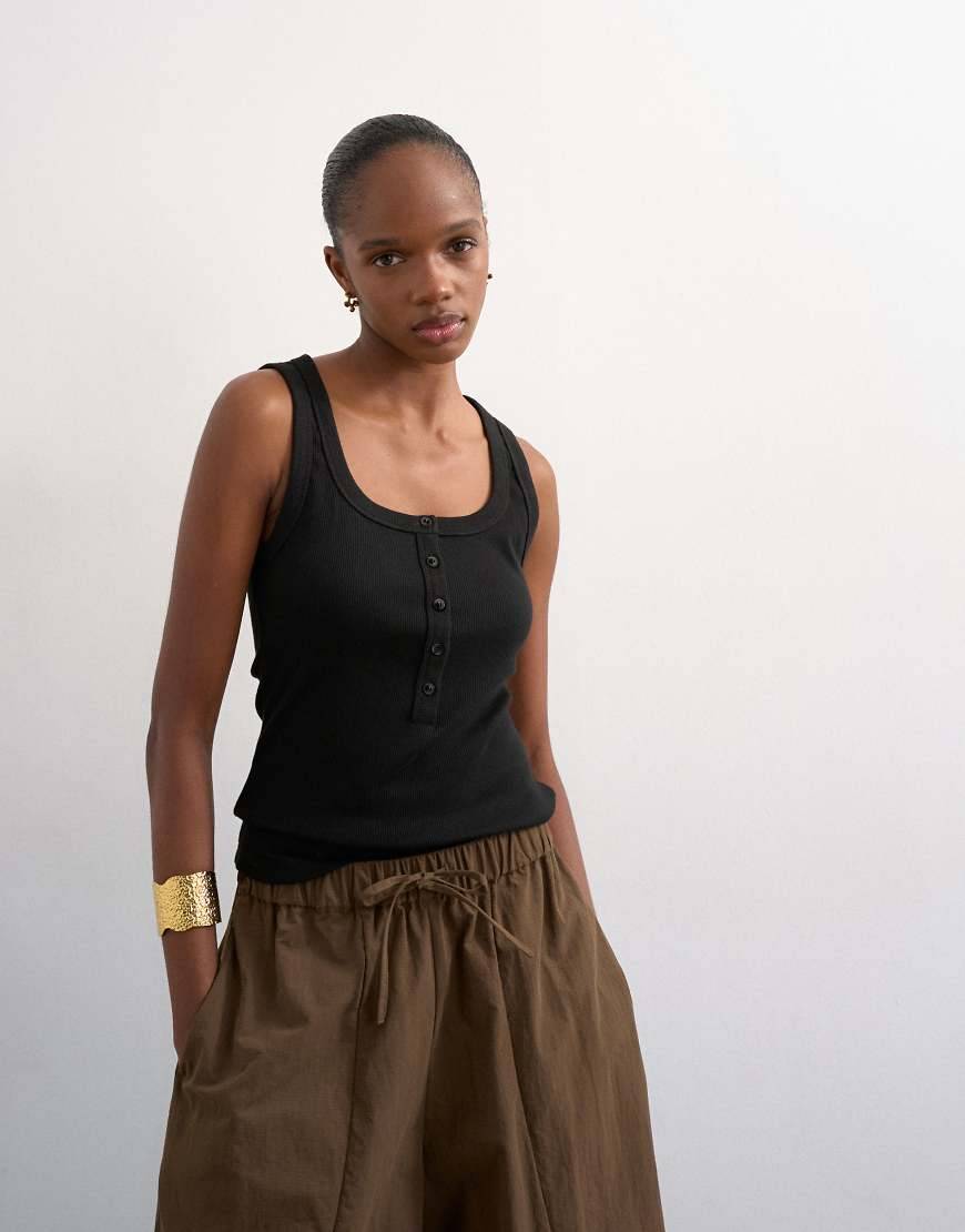 Topshop Button Placket Rib Knit Tank Top - Black