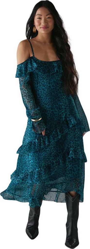 Warehouse Ruffle Cold Shoulder Midi Dress - Leopard