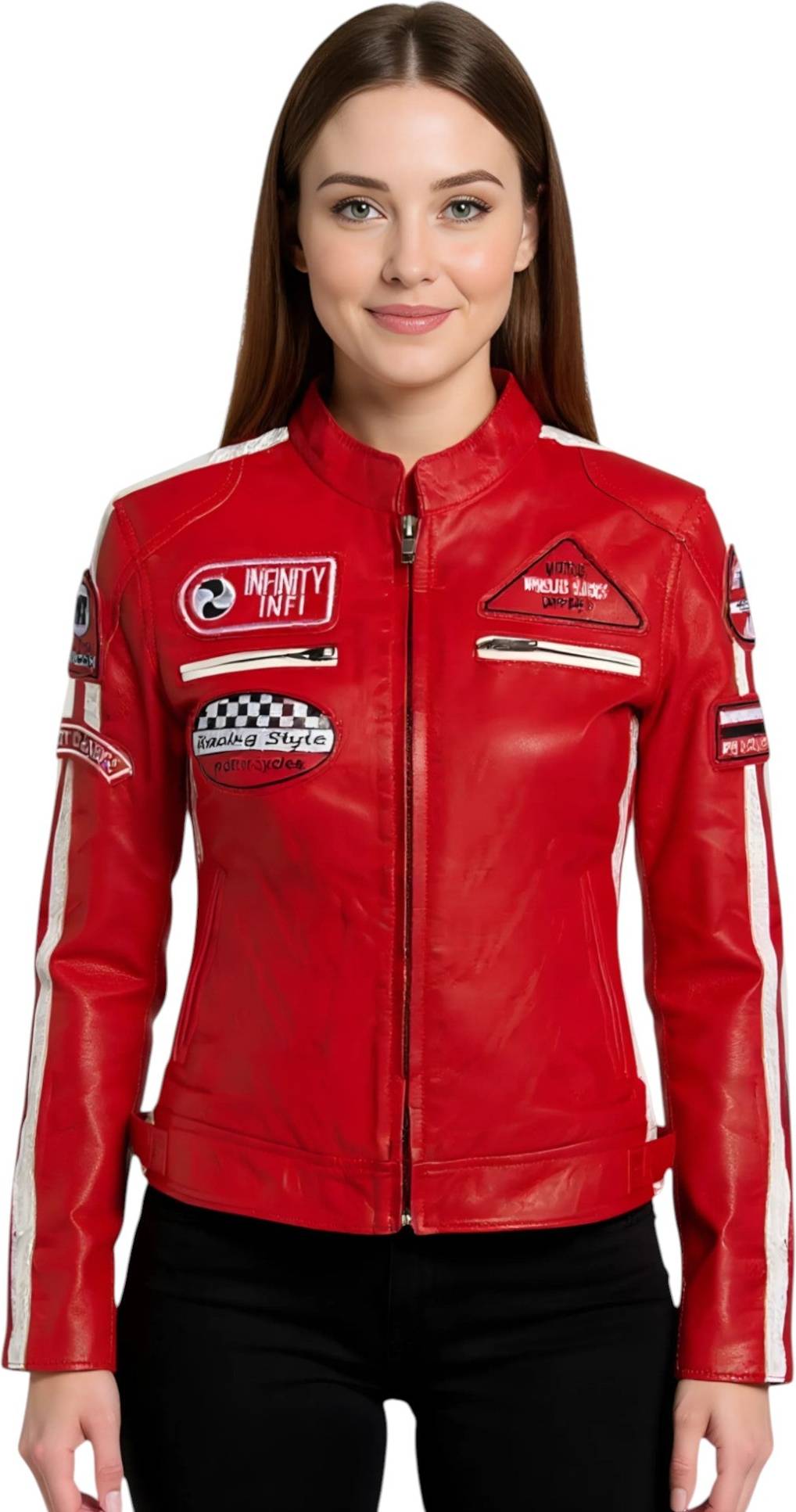 Infinity Leather White Biker Racing Badges Jacket - Red