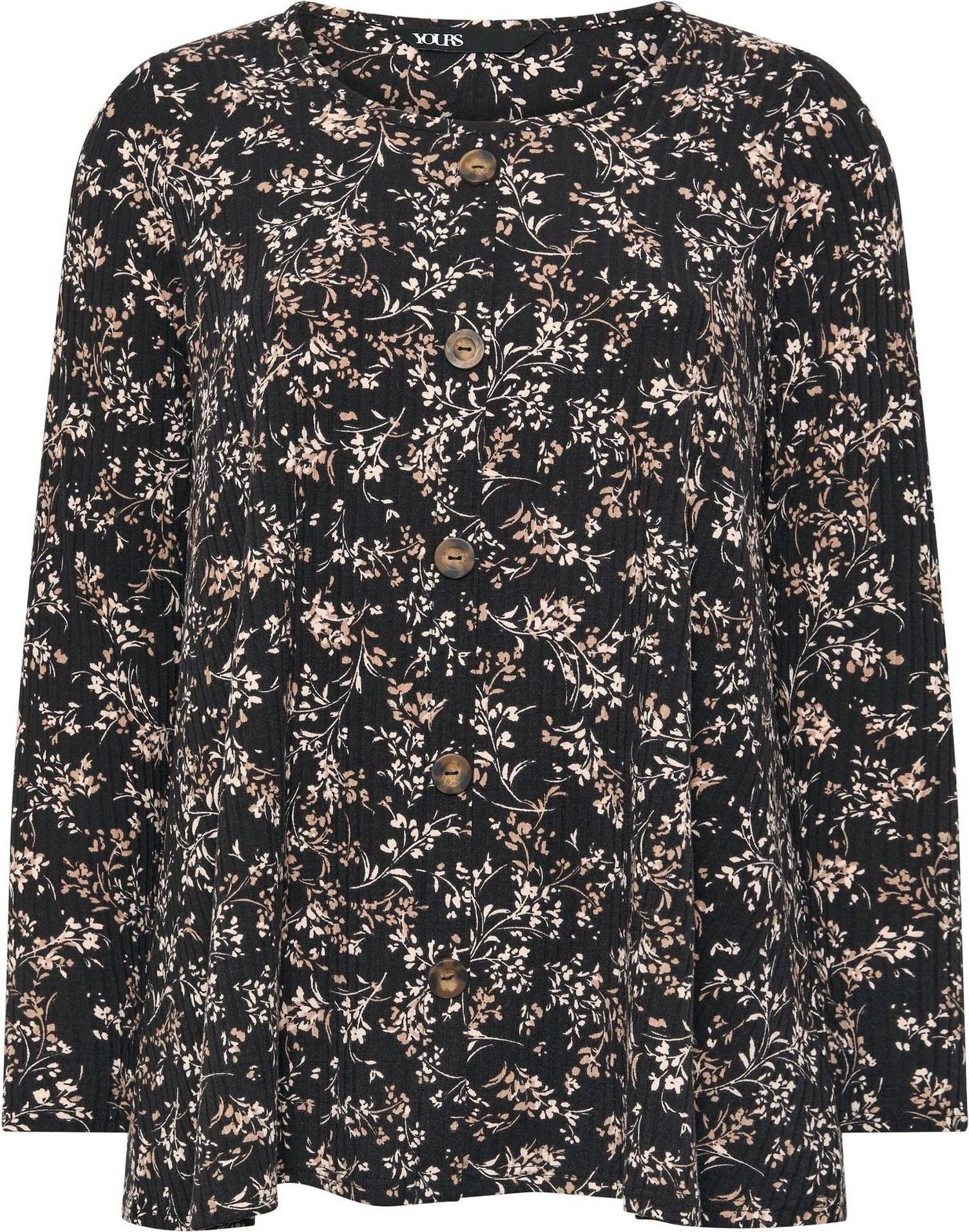 Yours Floral Ribbed Button Top - Black