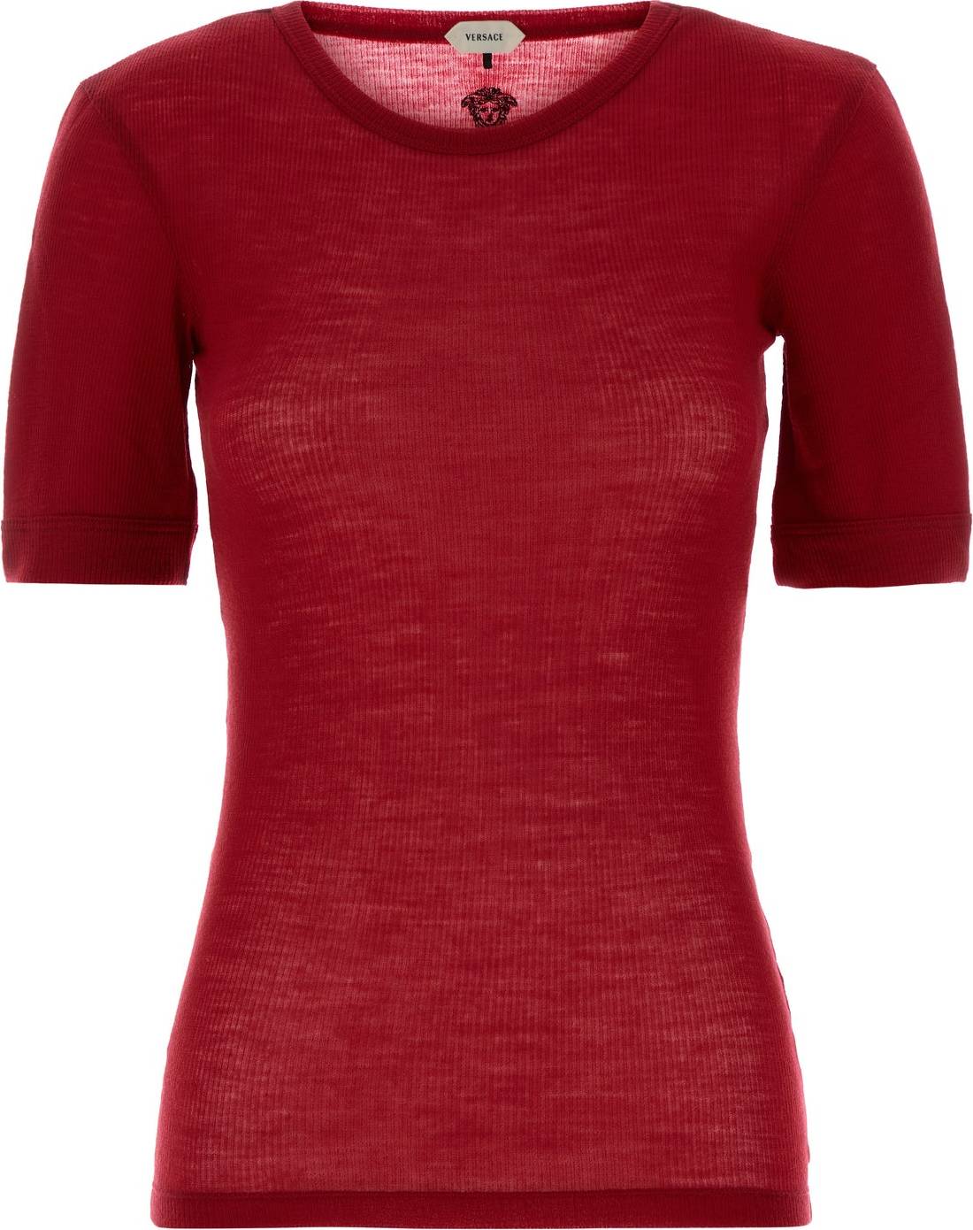 Versace Embroidered Wool Ribbed Knit T-Shirt - Red