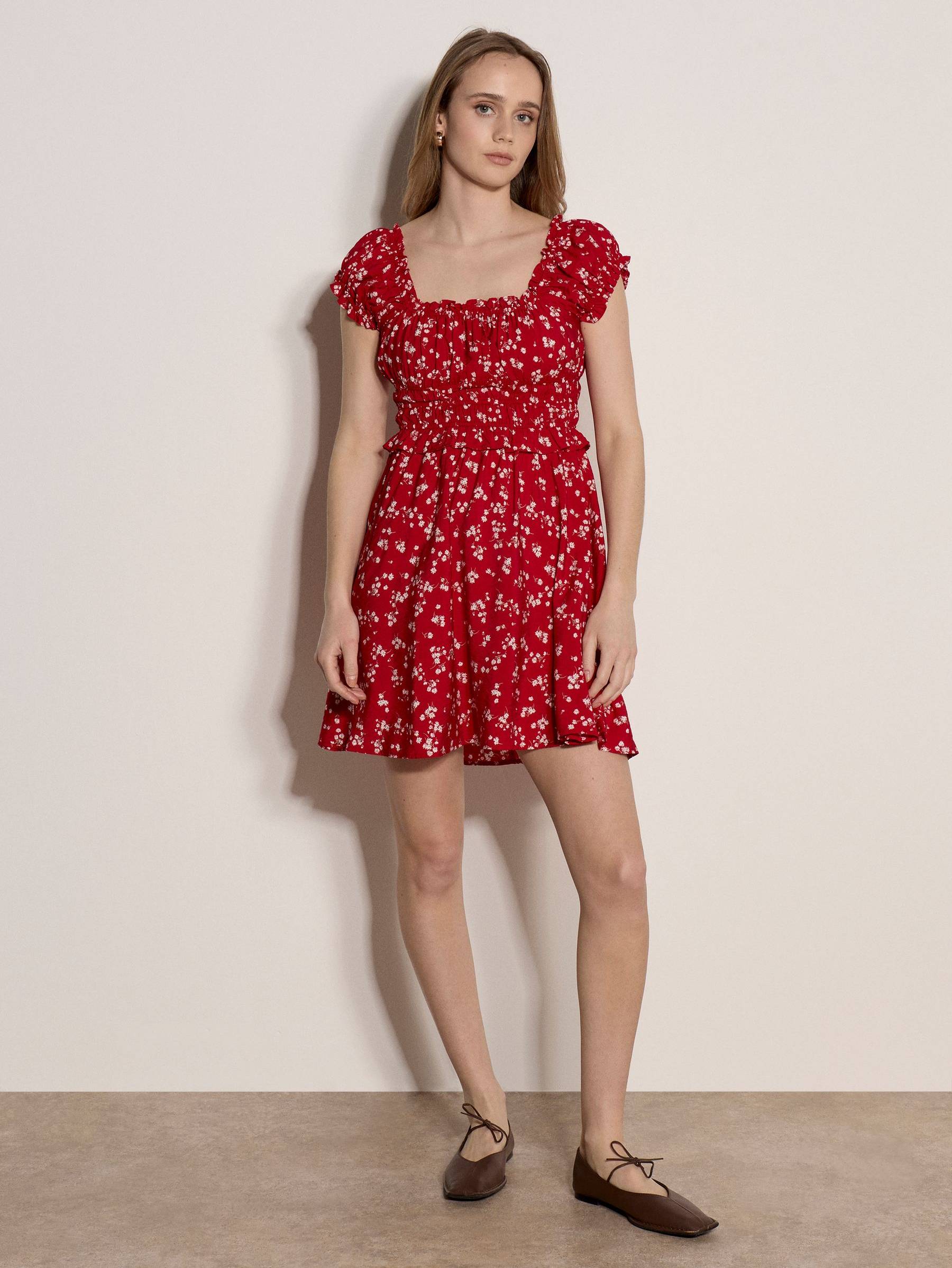 Apricot Floral Ruffle Mini Dress - Red