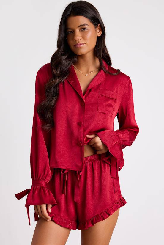 Lulus Dark Red Satin Ruffled Two-Piece Pajama Set