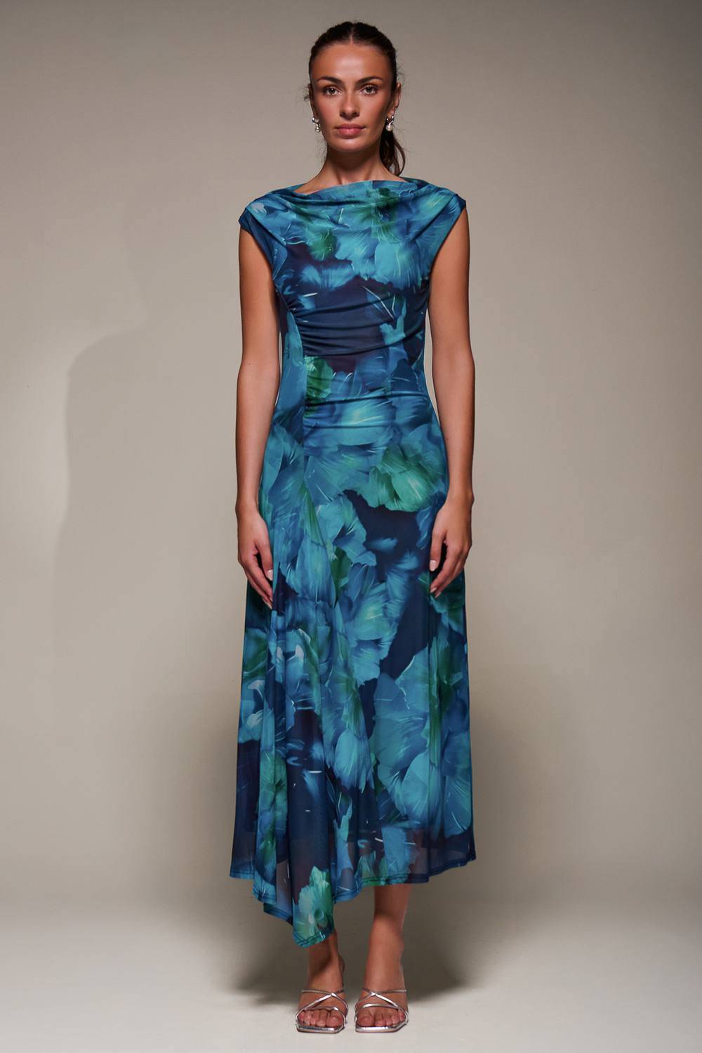 Jolie Moi Slash Neck Ruched Mesh Maxi Dress - Blue