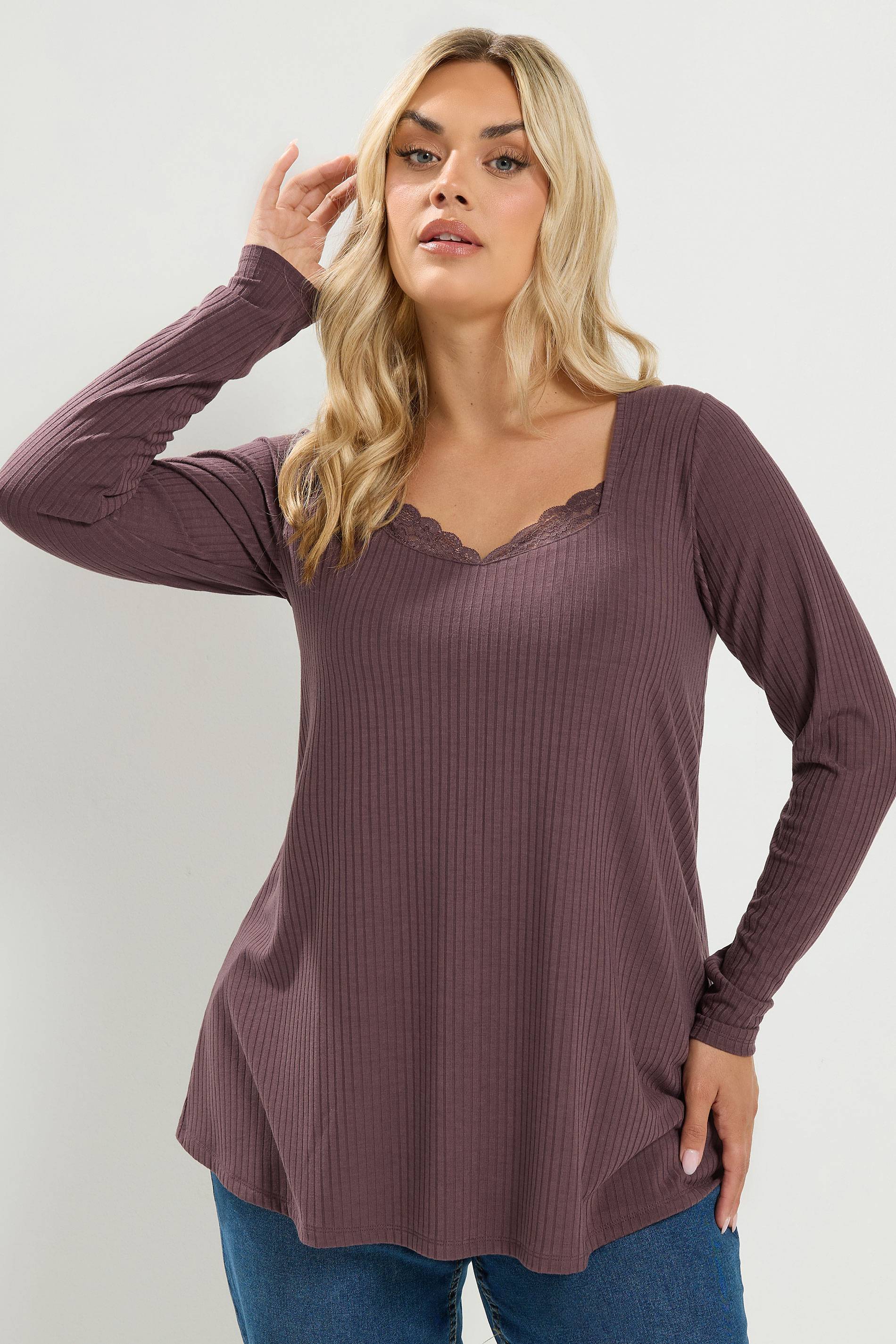 Yours Lace Insert Ribbed Top - Brown