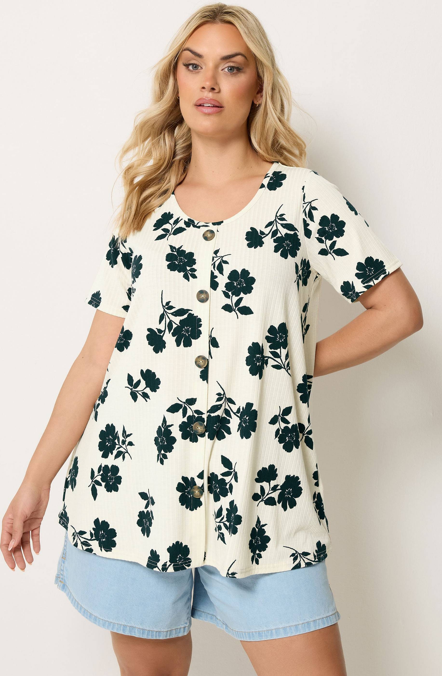 Yours Floral Button Front Ribbed Swing Top - Multi