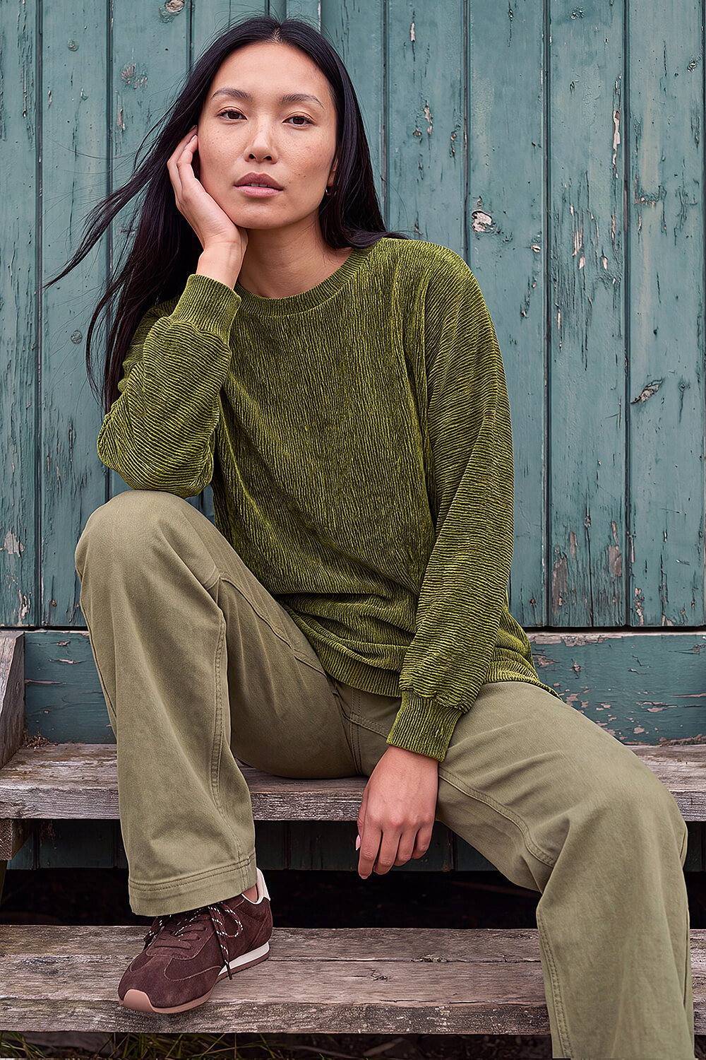 Roman Ribbed High Low Hem Stretch Top - Olive