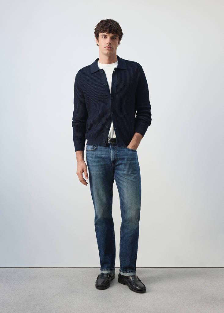 Mango Ribbed Knitted Cardigan Navy