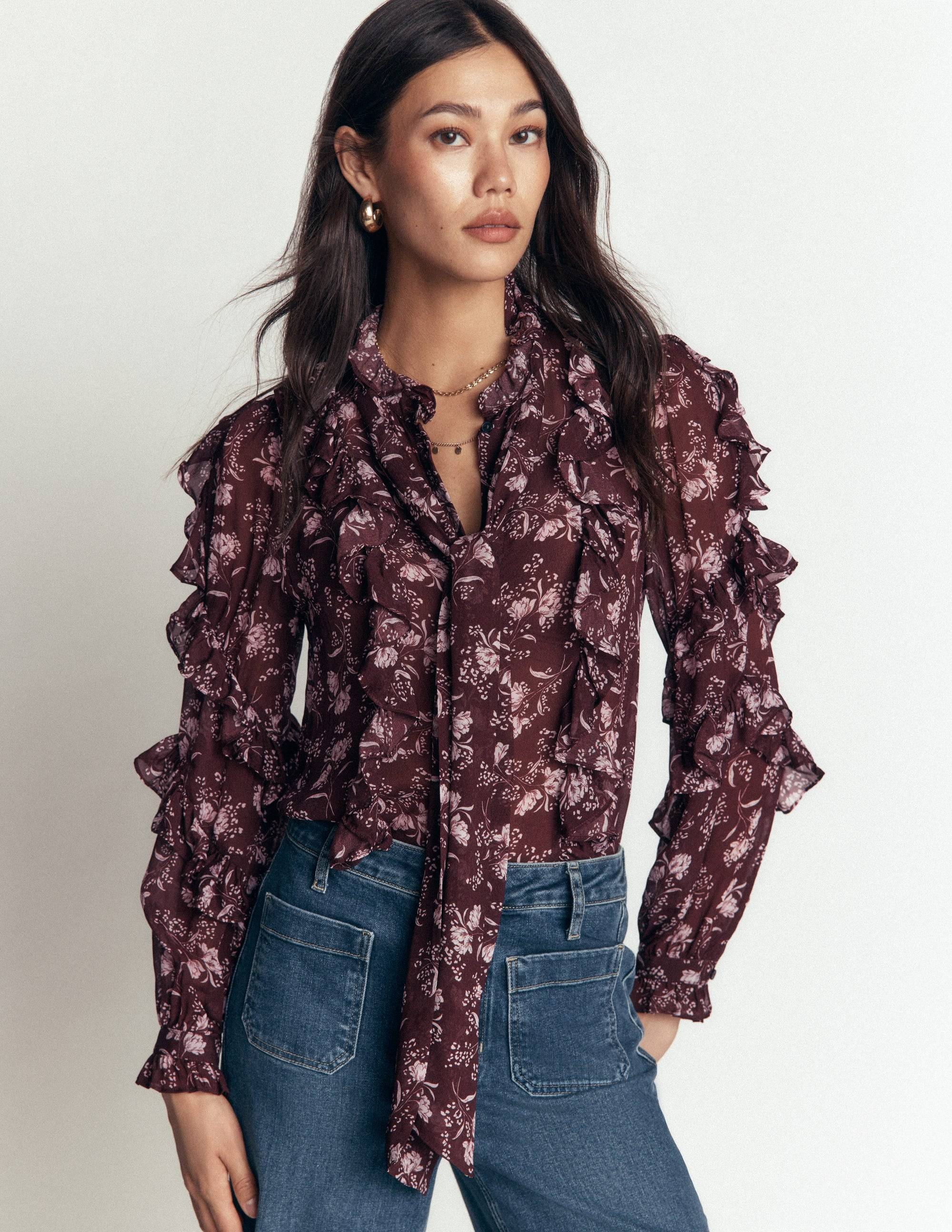 Boden Ruffled Georgette Top - Brown