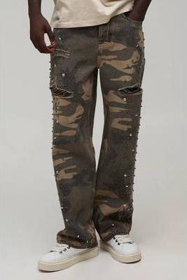 boohooMAN Relaxed Rhinestone Embellished Ripped Jeans - 28R