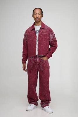 boohooMAN Boxy Rhinestone Denim Jacket - Red
