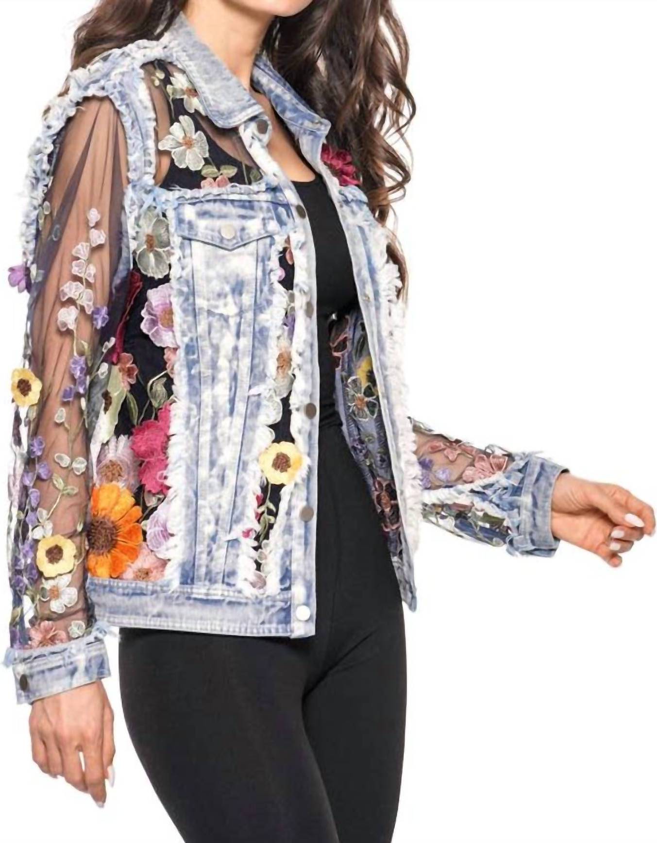 Embroidered Denim And Lace Jacket In Fall Bloom - Multi