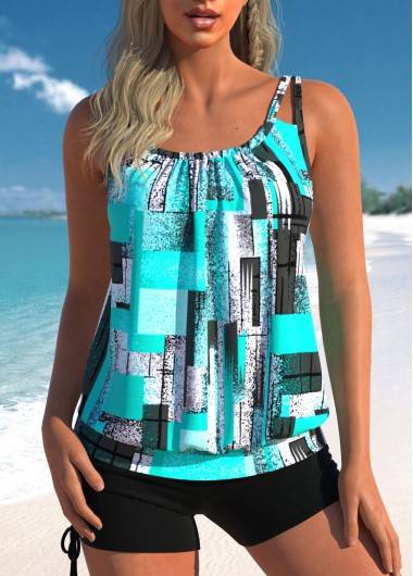 Modlily Ruched Geometric Print Tankini Top - Cyan